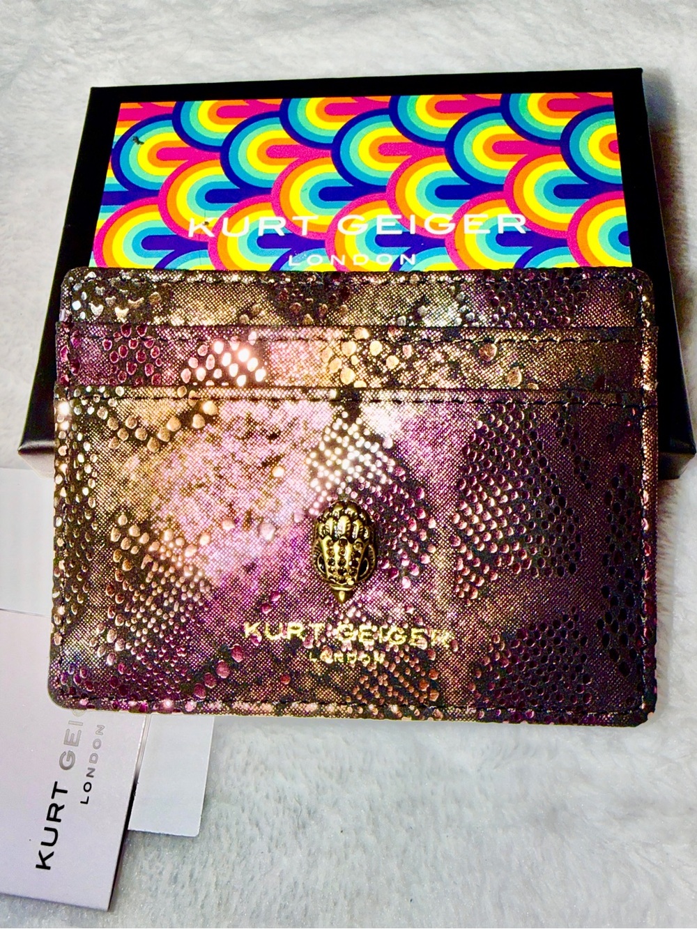 Kurt Geiger Iridescent Snake-Embossed Card Holder in Purple and Bronze NWT